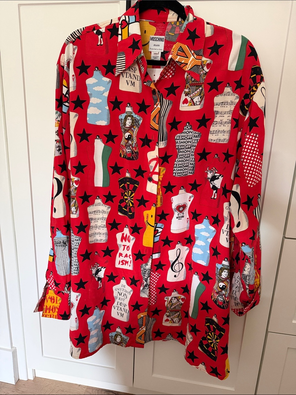 Rare Vintage Moschino Jeans Red Graphic Button-Down Shirt with Black Stars